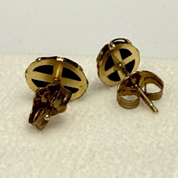 Vintage Estate 12k YELLOW GOLD ONYX OVAL STUD EARRINGS Mark Christopher Hawaii - Picture 13 of 14